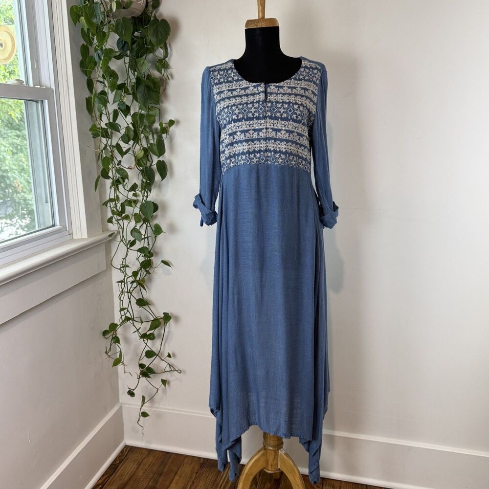 Blue Embroidered Boho Maxi Dress Handkerchief Hem Empire Waist